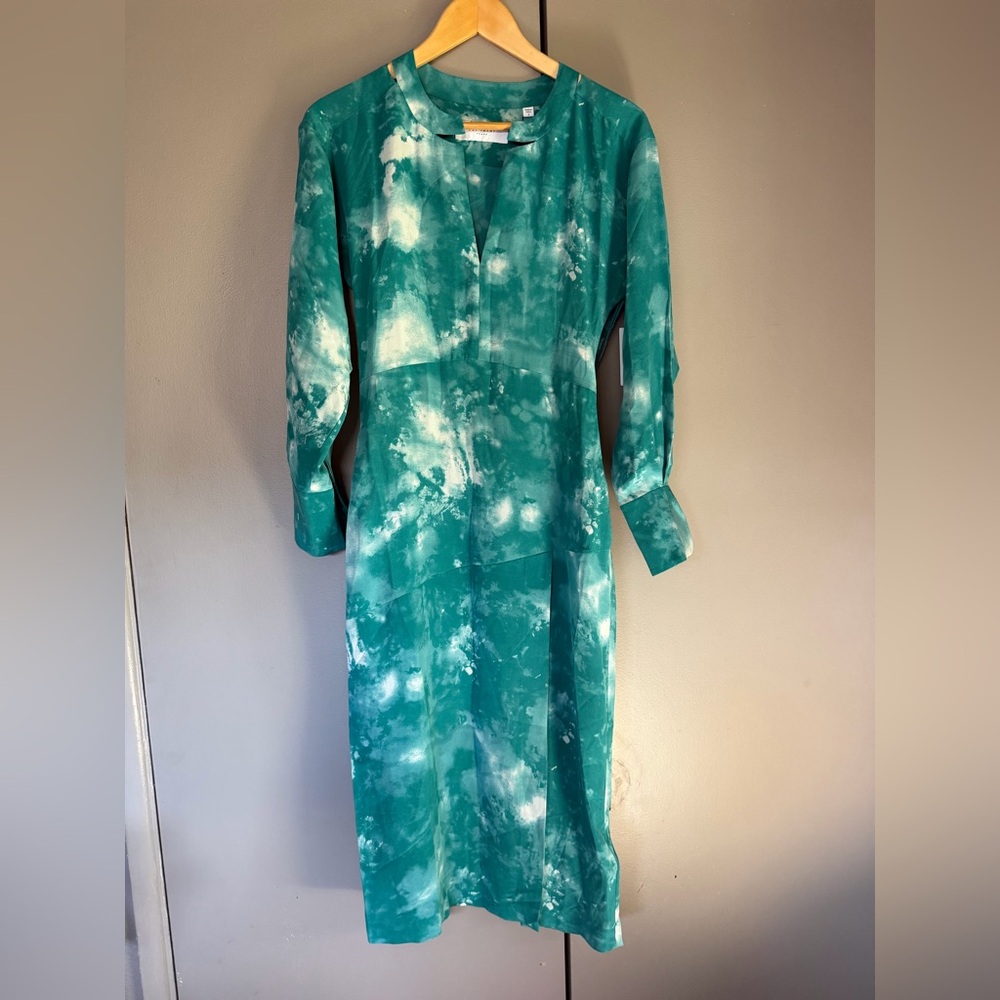 Equipment Teal and White Long-Sleeve Tie-Dye Midi Dress